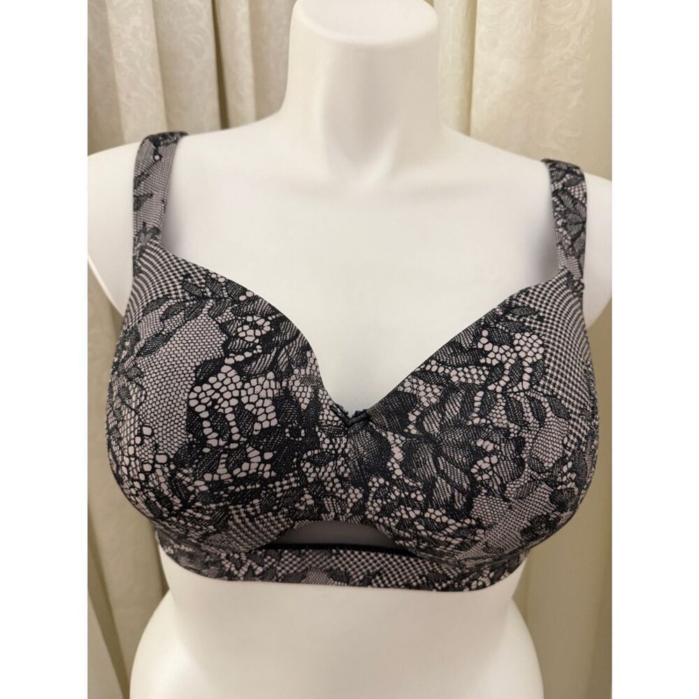 Cacique Black Lace Print Lightly Lined Balconette Underwire TShirt Bra